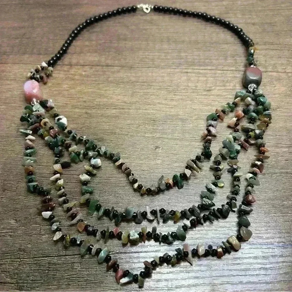 Large Rocks and Beads Three Strand Beaded Statement Necklace - Picture 1 of 3